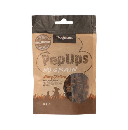 PepUps mjuka spannmlsfria sm belningsbitar kalkon 90g, Dogman