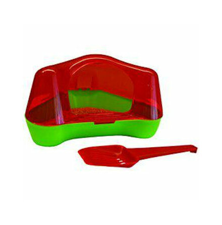 Hamstertoalett tillverkad i hårdplast. Röd ovandel med grön botten.