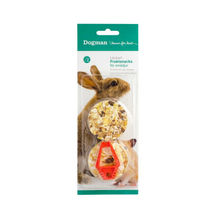 Förpackning med bild på kanin innehåller fruktsnacks med hållare